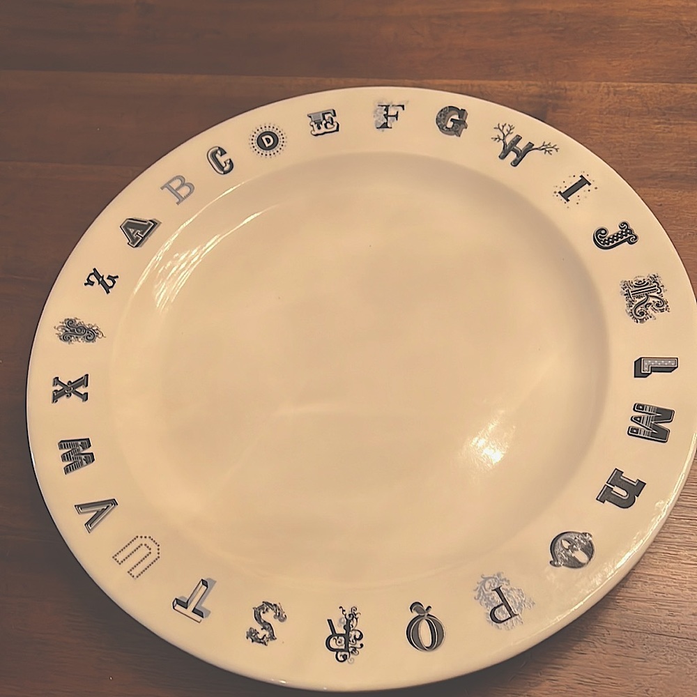 Fishs Eddy ceramic white platter with alphabet rim 16” round